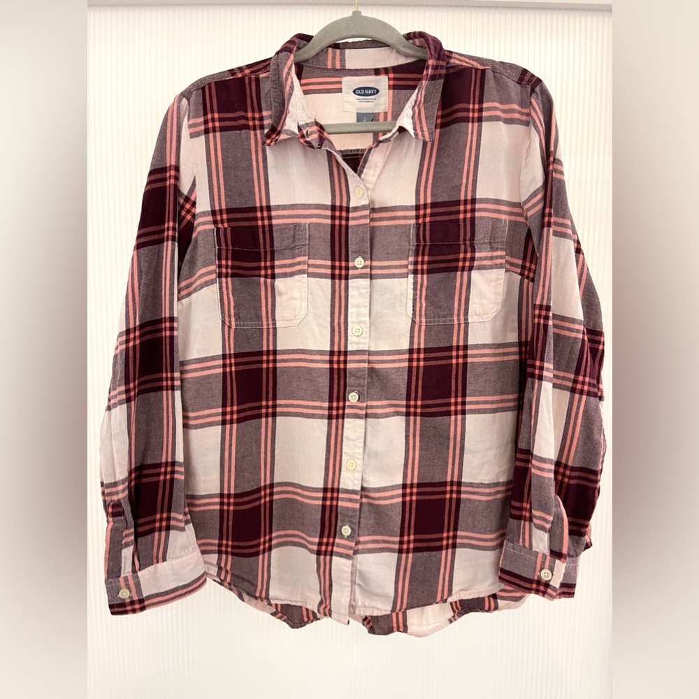 Old Navy Button Up Plaid Long Sleeve Top | Size Large | Maroon, Pink, White
